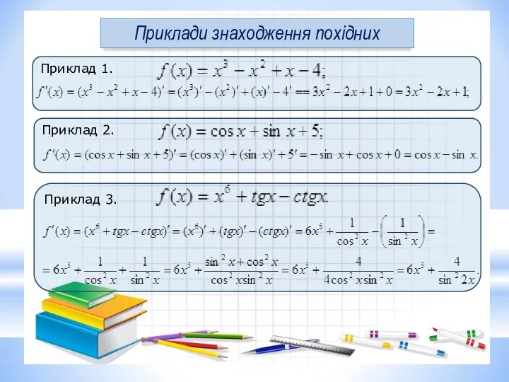 Приклади знаходження похідних Приклад 1. Приклад 2. Приклад 3.