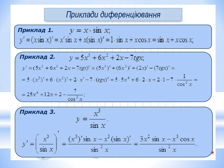 Приклади диференціювання Приклад 1. Приклад 2. Приклад 3.