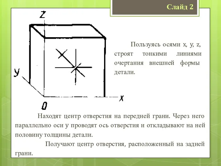 Слайд 2 Находят центр отверстия на передней грани. Через него параллельно