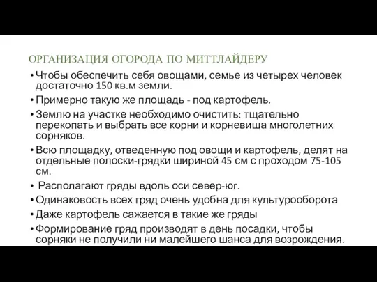 ОРГАНИЗАЦИЯ ОГОРОДА ПО МИТТЛАЙДЕРУ Чтобы обеспечить себя овощами, семье из четырех