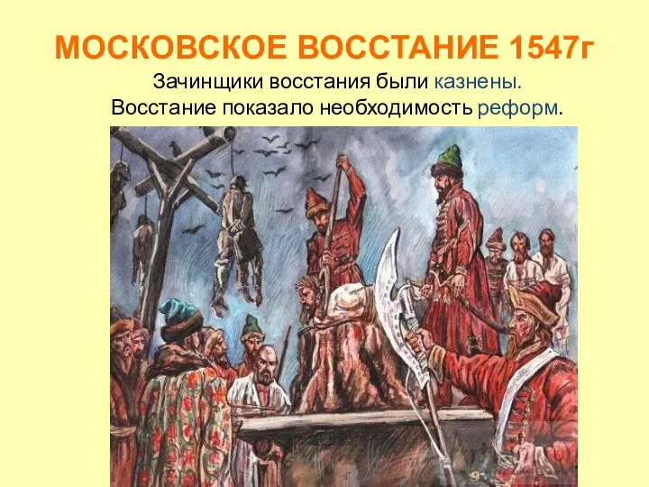 Зачинщики восстания были казнены. Восстание показало необходимость реформ. МОСКОВСКОЕ ВОССТАНИЕ 1547г