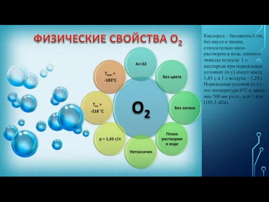 Кислород – бесцветный газ, без вкуса и запаха, относительно мало-растворим в