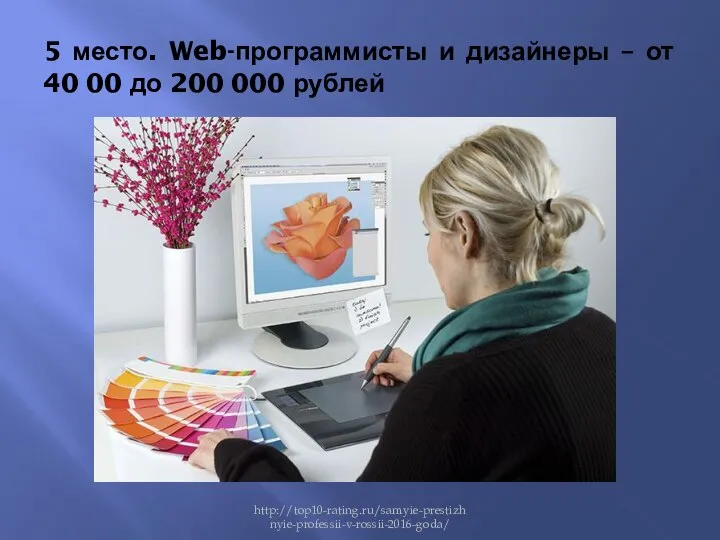 5 место. Web-программисты и дизайнеры – от 40 00 до 200 000 рублей http://top10-rating.ru/samyie-prestizhnyie-professii-v-rossii-2016-goda/