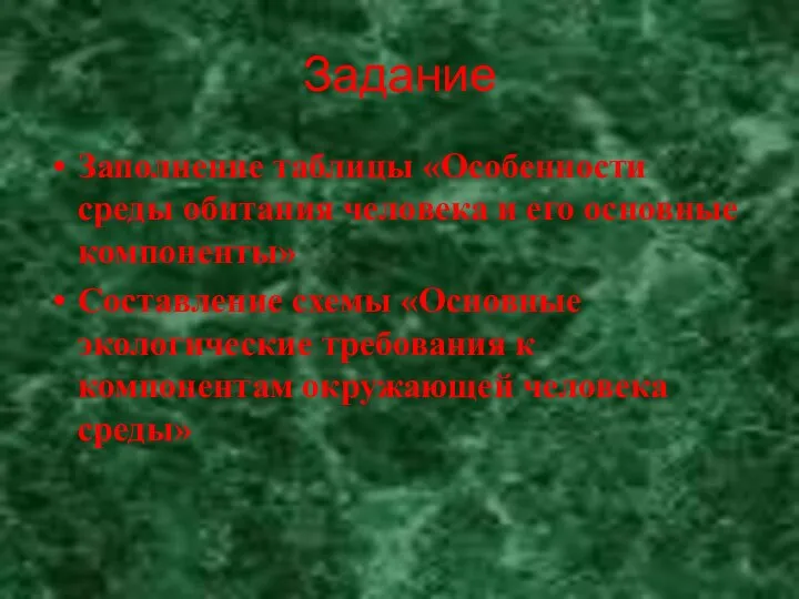 Задание Заполнение таблицы «Особенности среды обитания человека и его основные компоненты»