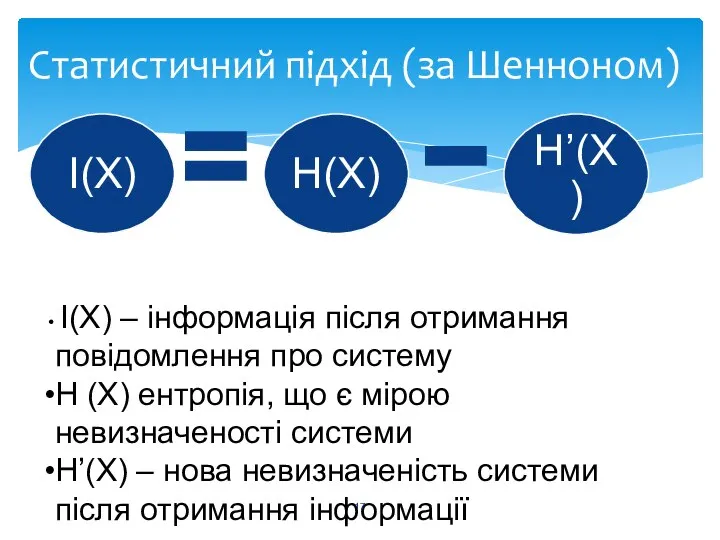 Статистичний підхід (за Шенноном) І(Х) – інформація після отримання повідомлення про