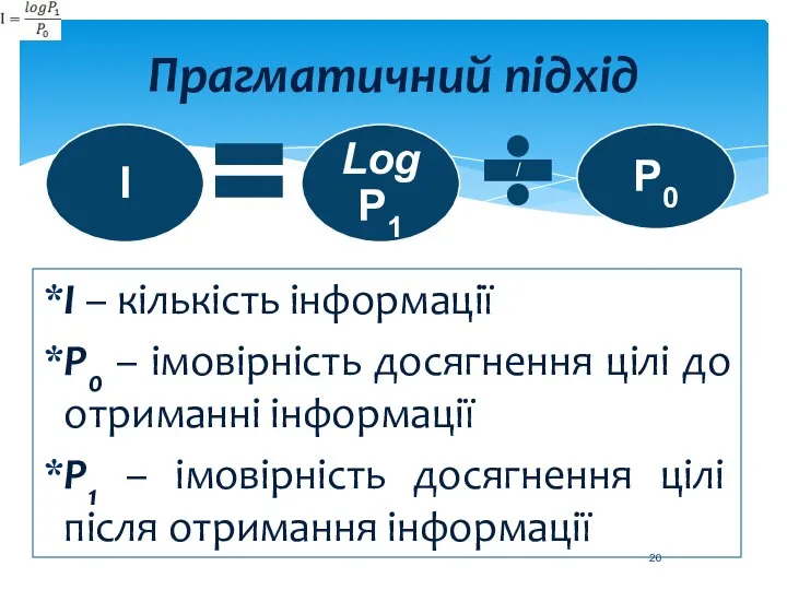 Прагматичний підхід I – кількість інформації Р0 – імовірність досягнення цілі