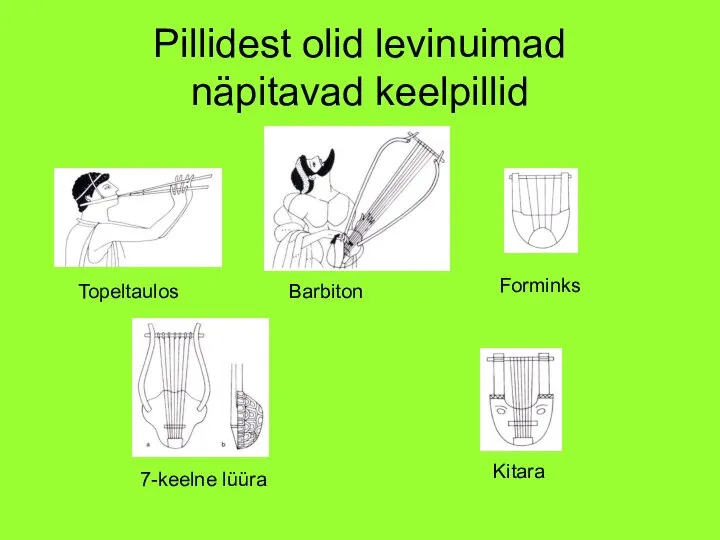 Pillidest olid levinuimad näpitavad keelpillid Topeltaulos Barbiton Forminks 7-keelne lüüra Kitara