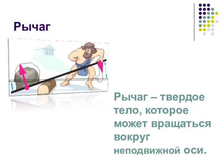 Рычаг Рычаг – твердое тело, которое может вращаться вокруг неподвижной оси.