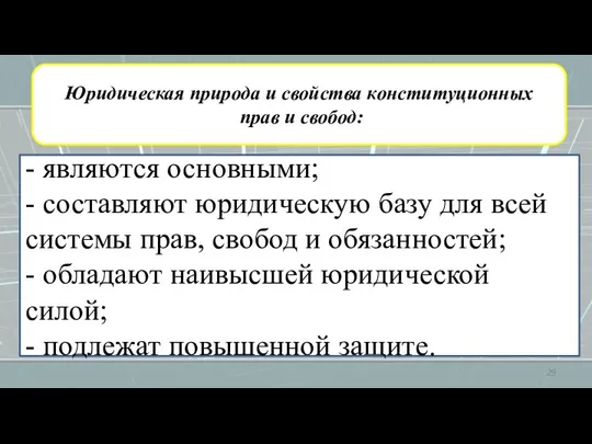 Юридическая природа и свойства конституционных прав и свобод: - являются основными;