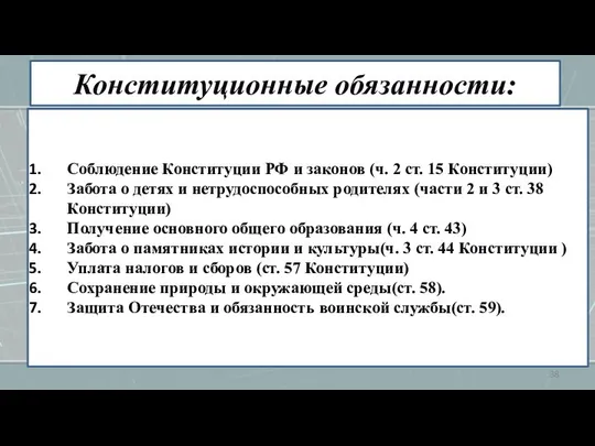 Конституционные обязанности: Соблюдение Конституции РФ и законов (ч. 2 ст. 15