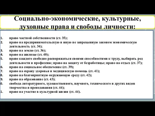 Социально-экономические, культурные, духовные права и свободы личности: право частной собственности (ст.