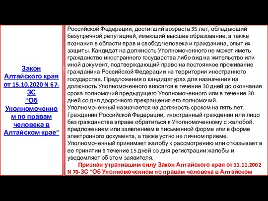 На должность Уполномоченного может быть назначен гражданин Российской Федерации, достигший возраста