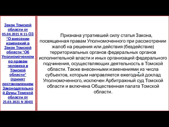 Признана утратившей силу статья Закона, посвященная правам Уполномоченного при рассмотрении жалоб