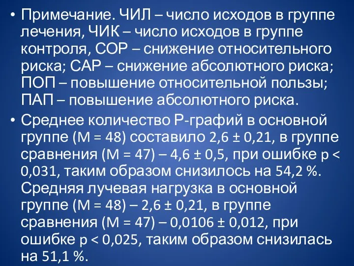 Примечание. ЧИЛ – число исходов в группе лечения, ЧИК – число