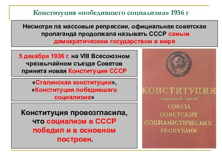 Конституция «победившего социализма» 1936 г Несмотря па массовые репрессии, официальная советская