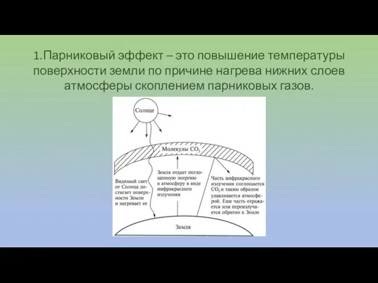 1.Парниковый эффект – это повышение температуры поверхности земли по причине нагрева