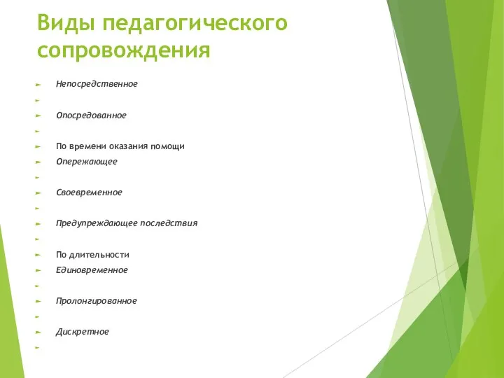 Виды педагогического сопровождения Непосредственное Опосредованное По времени оказания помощи Опережающее Своевременное