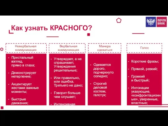 Как узнать КРАСНОГО? Невербальная коммуникация Вербальная коммуникация Манера одеваться Голос Пристальный