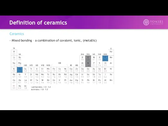 Definition of ceramics Ceramics - Mixed bonding – a combination of covalent, ionic, (metallic)