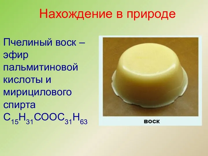 Пчелиный воск –эфир пальмитиновой кислоты и мирицилового спирта С15Н31СООС31Н63 Нахождение в природе