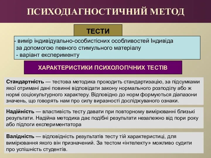 ТЕСТИ ПСИХОДІАГНОСТИЧНИЙ МЕТОД вимір індивідуально-особистісних особливостей Індивіда за допомогою певного стимульного