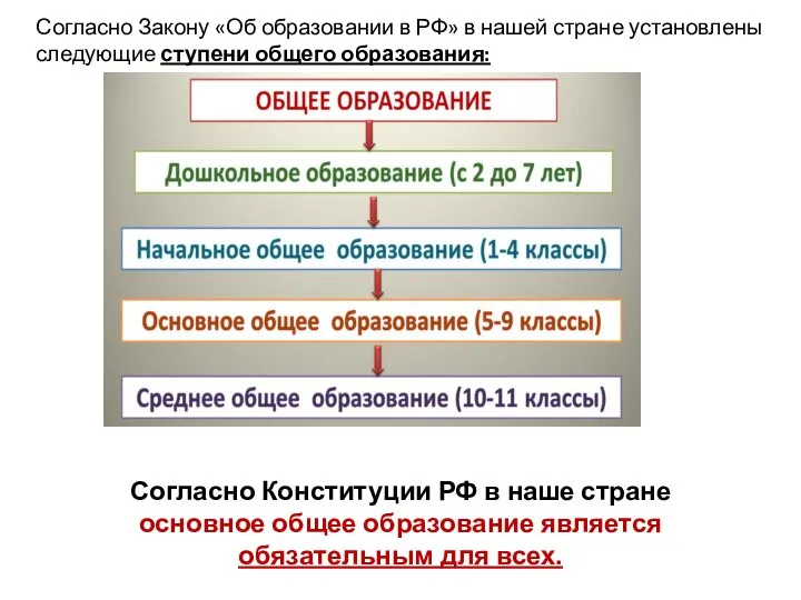 Согласно Закону «Об образовании в РФ» в нашей стране установлены следующие