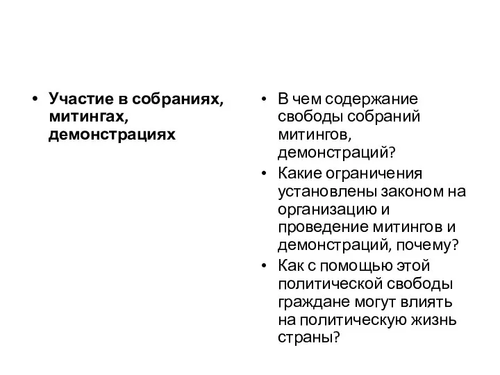 Участие в собраниях, митингах, демонстрациях В чем содержание свободы собраний митингов,