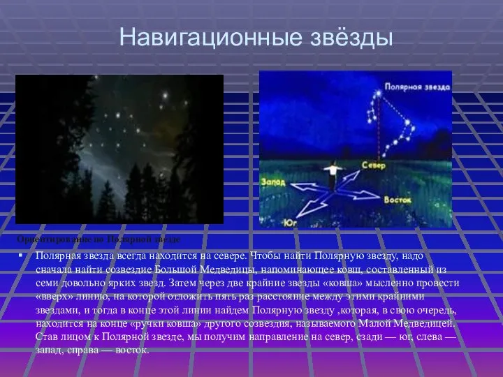 Навигационные звёзды Ориентирование по Полярной звезде Полярная звезда всегда находится на