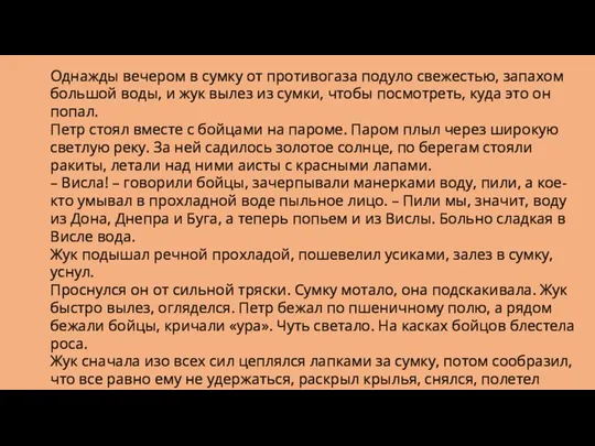 Однажды вечером в сумку от противогаза подуло свежестью, запахом большой воды,