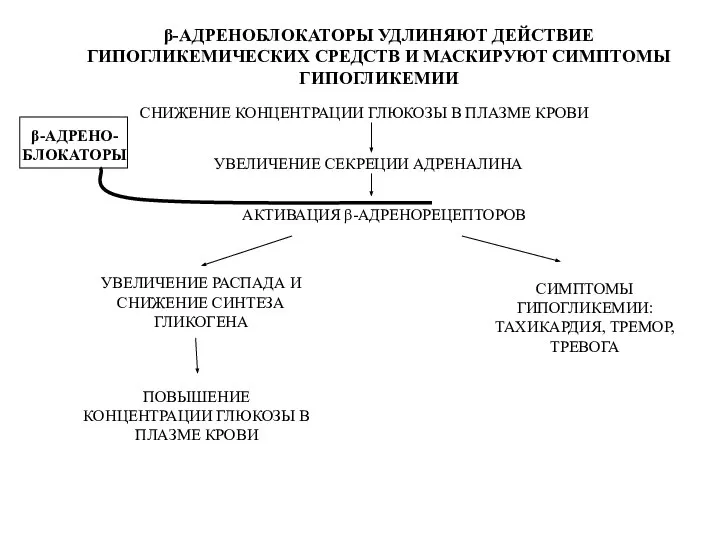 β-АДРЕНОБЛОКАТОРЫ УДЛИНЯЮТ ДЕЙСТВИЕ ГИПОГЛИКЕМИЧЕСКИХ СРЕДСТВ И МАСКИРУЮТ СИМПТОМЫ ГИПОГЛИКЕМИИ СНИЖЕНИЕ КОНЦЕНТРАЦИИ