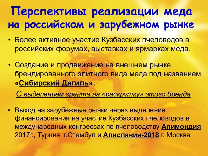 Перспективы реализации меда на российском и зарубежном рынке Более активное участие