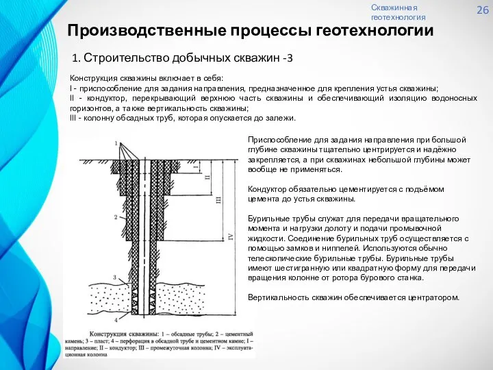 Скважинная геотехнология 26 1. Строительство добычных скважин -3 Конструкция скважины включает