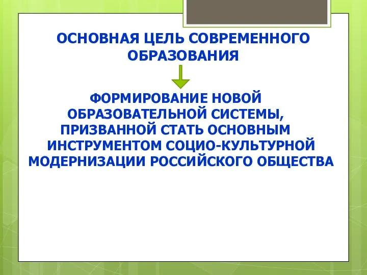 ОСНОВНАЯ ЦЕЛЬ СОВРЕМЕННОГО ОБРАЗОВАНИЯ ФОРМИРОВАНИЕ НОВОЙ ОБРАЗОВАТЕЛЬНОЙ СИСТЕМЫ, ПРИЗВАННОЙ СТАТЬ ОСНОВНЫМ ИНСТРУМЕНТОМ СОЦИО-КУЛЬТУРНОЙ МОДЕРНИЗАЦИИ РОССИЙСКОГО ОБЩЕСТВА