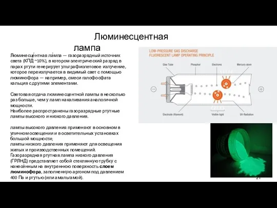 Люминесце́нтная ла́мпа — газоразрядный источник света (КПД ~10%), в котором электрический