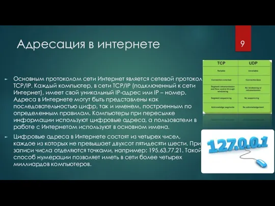 Адресация в интернете Основным протоколом сети Интернет является сетевой протокол TCP/IP.