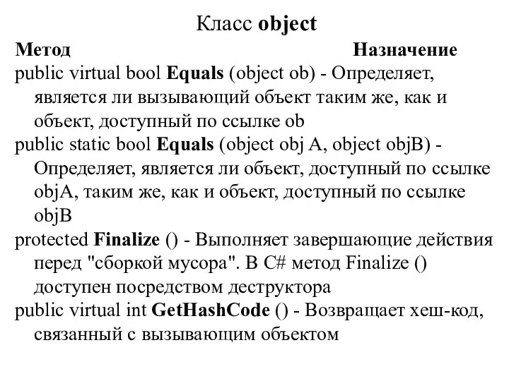 Класс object Метод Назначение public virtual bool Equals (object ob) -