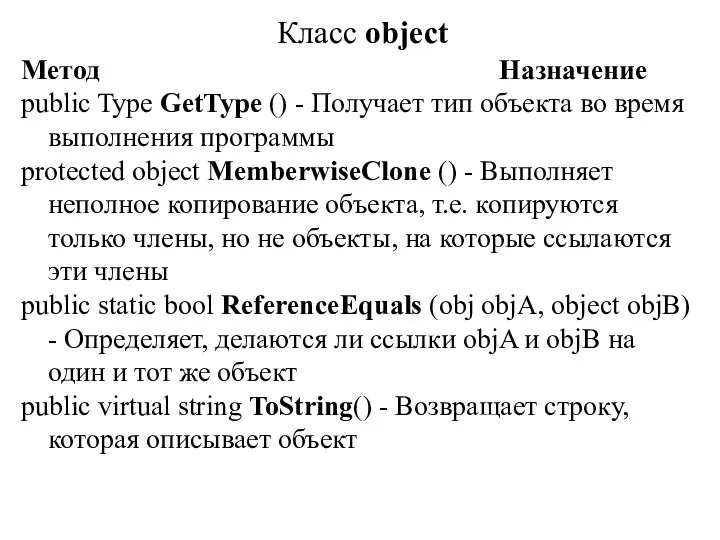 Класс object Метод Назначение public Type GetType () - Получает тип