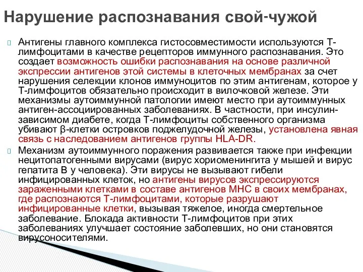 Нарушение распознавания свой-чужой Антигены главного комплекса гистосовместимости используются Т-лимфоцитами в качестве