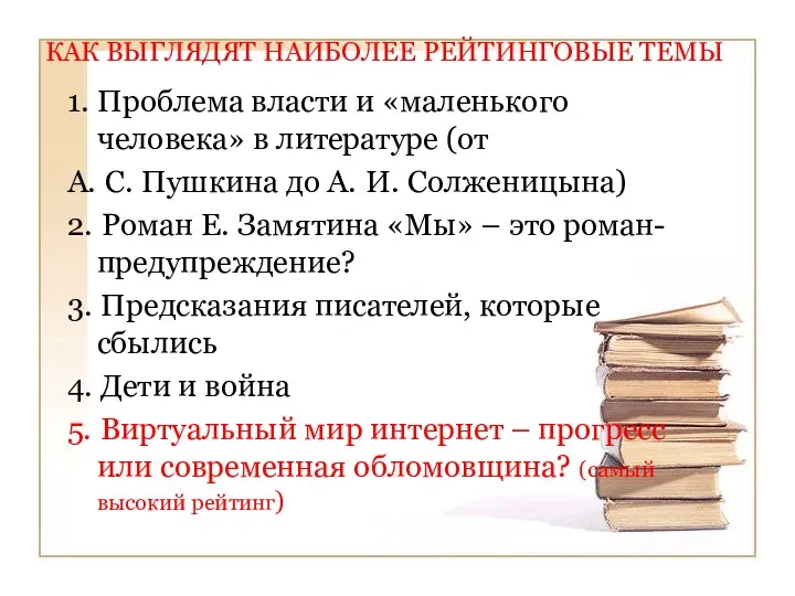 КАК ВЫГЛЯДЯТ НАИБОЛЕЕ РЕЙТИНГОВЫЕ ТЕМЫ 1. Проблема власти и «маленького человека»