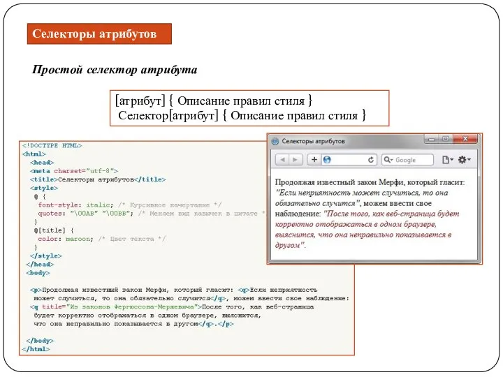 Селекторы атрибутов Простой селектор атрибута [атрибут] { Описание правил стиля }