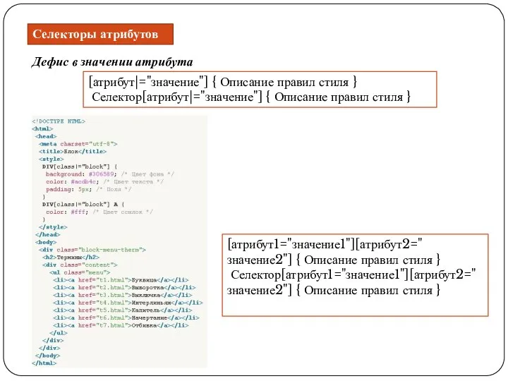 Дефис в значении атрибута Селекторы атрибутов [атрибут|="значение"] { Описание правил стиля