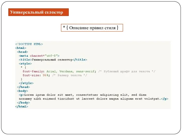 Универсальный селектор * { Описание правил стиля }
