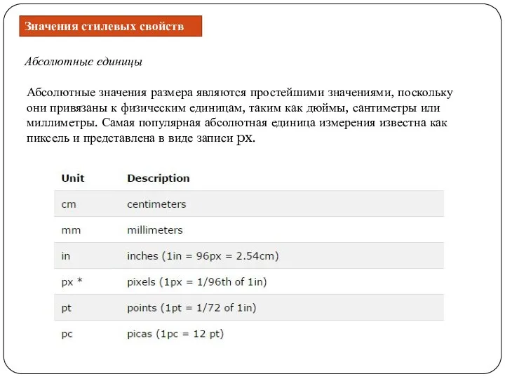 Абсолютные единицы Значения стилевых свойств Абсолютные значения размера являются простейшими значениями,