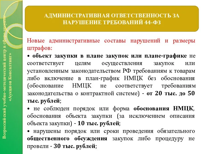 АДМИНИСТРАТИВНАЯ ОТВЕТСТВЕННОСТЬ ЗА НАРУШЕНИЕ ТРЕБОВАНИЙ 44-ФЗ Всероссийский учебно-методический центр в сфере