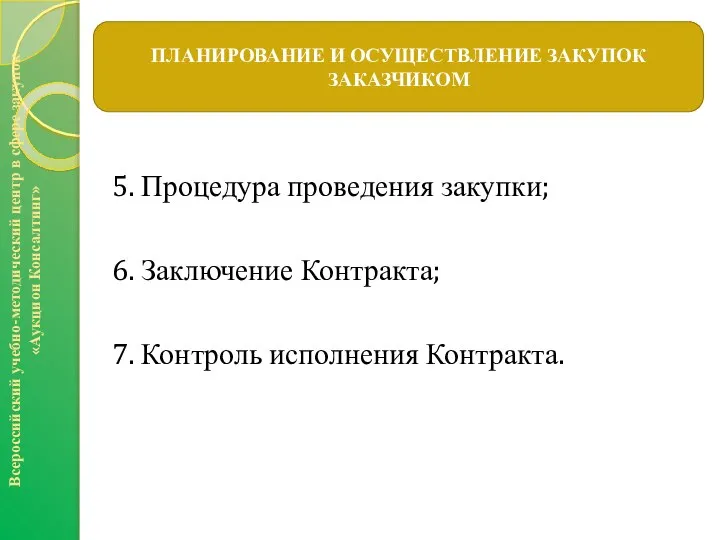 5. Процедура проведения закупки; 6. Заключение Контракта; 7. Контроль исполнения Контракта.