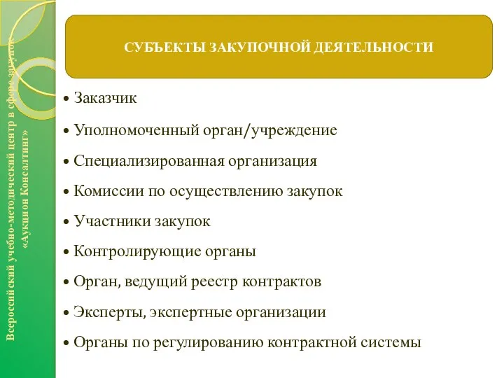 Всероссийский учебно-методический центр в сфере закупок «Аукцион Консалтинг» СУБЪЕКТЫ ЗАКУПОЧНОЙ ДЕЯТЕЛЬНОСТИ