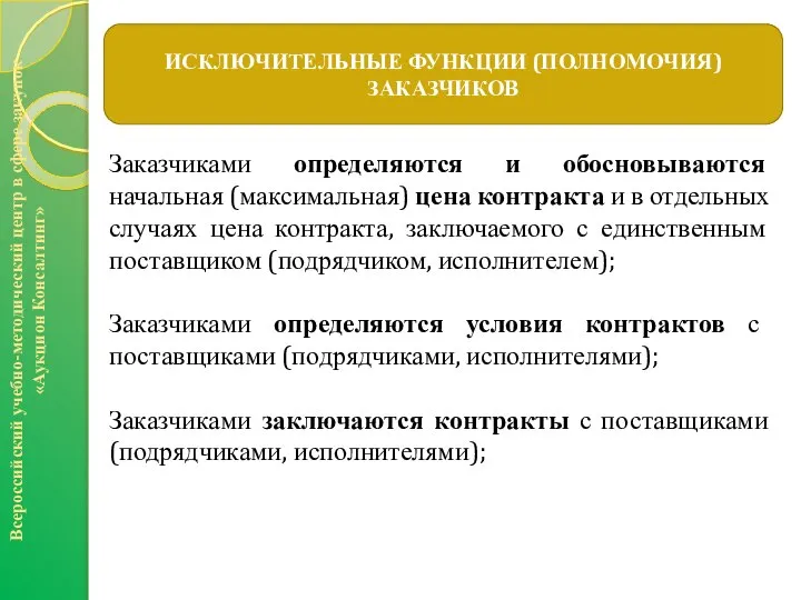 Всероссийский учебно-методический центр в сфере закупок «Аукцион Консалтинг» ИСКЛЮЧИТЕЛЬНЫЕ ФУНКЦИИ (ПОЛНОМОЧИЯ)