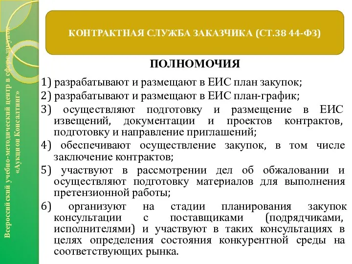 Всероссийский учебно-методический центр в сфере закупок «Аукцион Консалтинг» КОНТРАКТНАЯ СЛУЖБА ЗАКАЗЧИКА