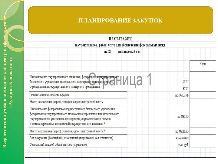 ПЛАНИРОВАНИЕ ЗАКУПОК Всероссийский учебно-методический центр в сфере закупок «Аукцион Консалтинг»