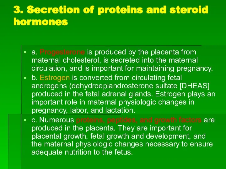 3. Secretion of proteins and steroid hormones a. Progesterone is produced